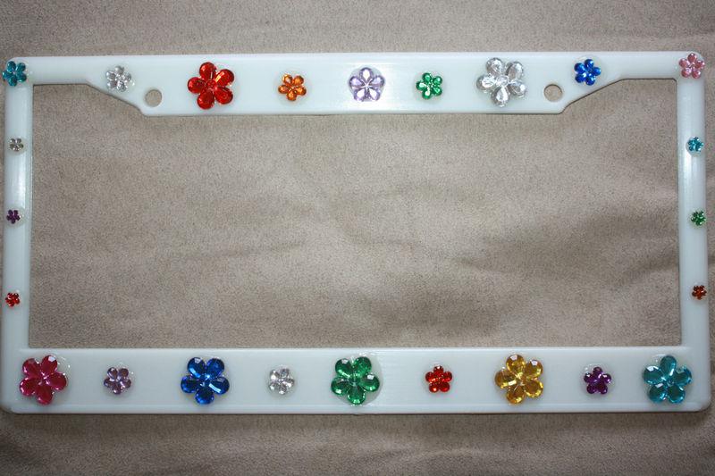 Custom white license plate frame - flowers