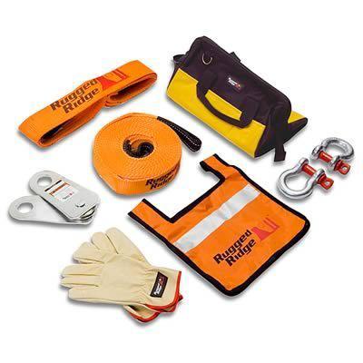 Rugged ridge recovery gear pulley block winch strap tow strap gloves storage bag