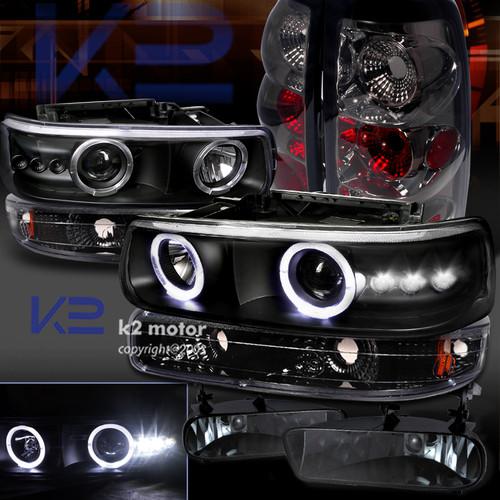 99-02 silverado blk halo projector headlight+bumper+smoke tail lights+fog lamps