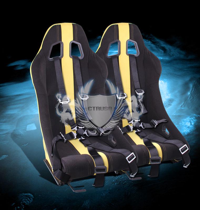 2x universal fabric blk racing seat yellow stripe+6-pt camlock harness seat belt