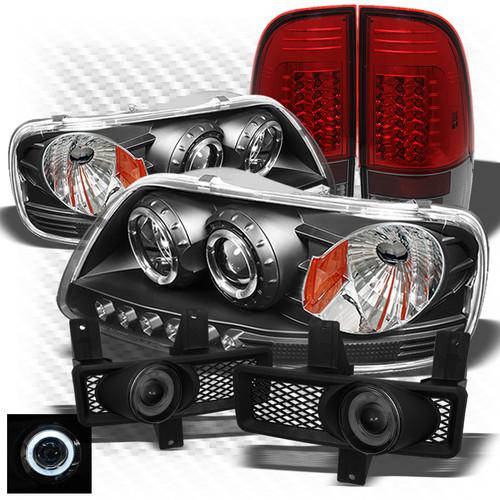 97-98 f150, f250ld black headlights + r/s led tail lights + projector fog lights