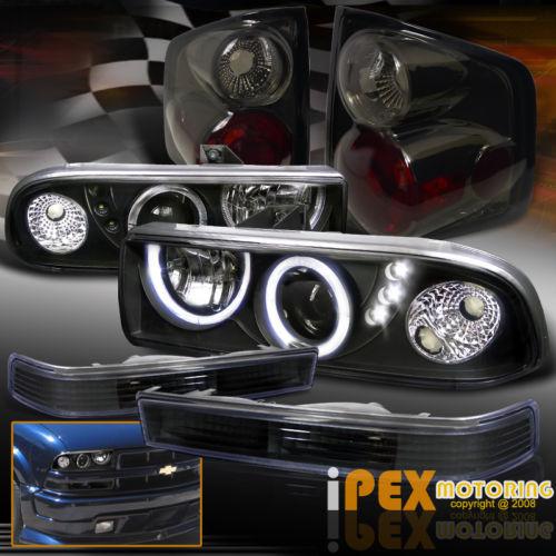 Chevy s10 led halo projector black head light+bumper lights w/ smoke tail lamps