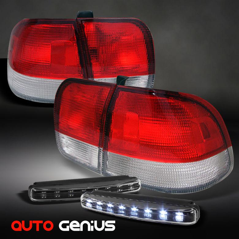 96-98 civic 4dr jdm red clear tail lights + daytime led running lights drl combo