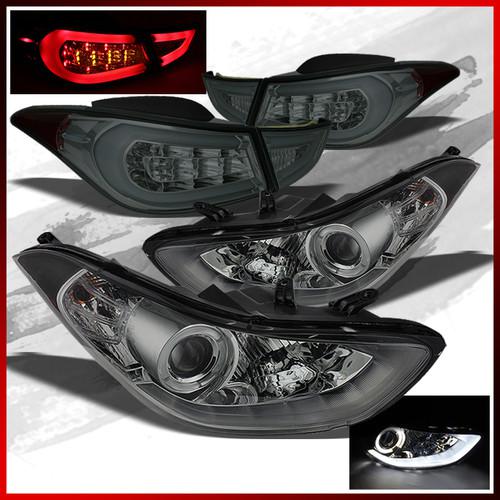 11-13 fit elantra led smoked halo projector headlights+smoked tail lights tube