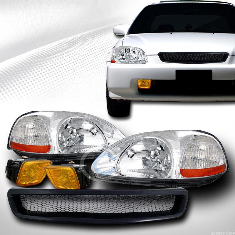 Chrome head lights amber dy+aluminum mesh grill grille+fog yellow 96-98 civic ek