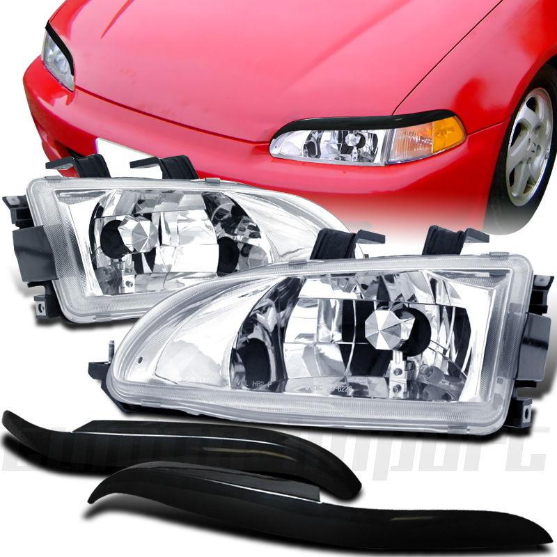 1992-1995 honda civic 2/3 dr chrome headlights black eyelids cover left+right