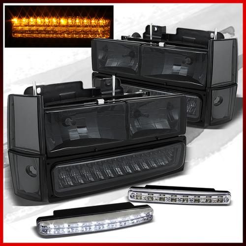 94-99 gmc c/k smoked headlights+signal+led turn/ parking/hazard+ drl led lights