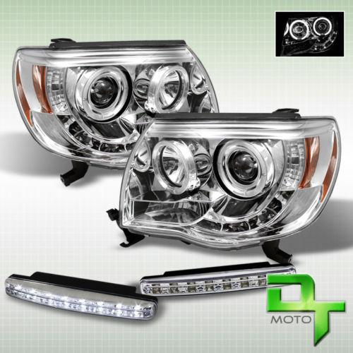 Drl led bumper fog + 05-11 toyota tacoma halo chrome projector headlights lamps