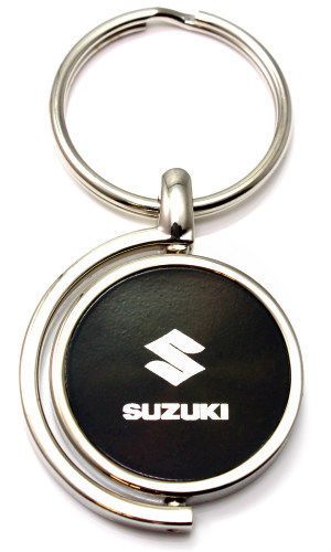 Black suzuki logo brushed metal round spinner chrome key chain spin ring