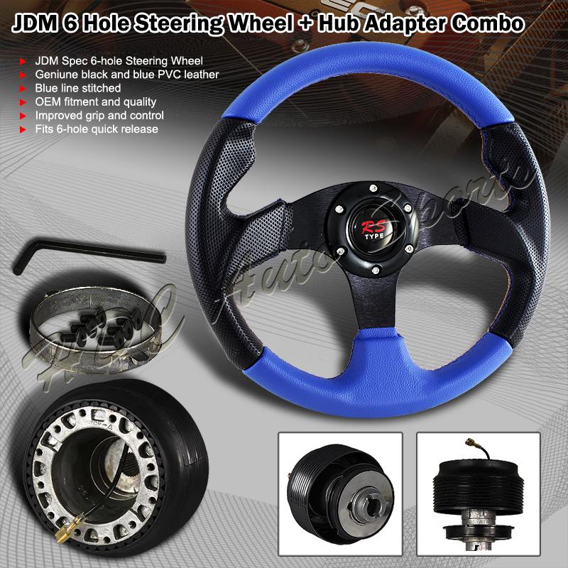 320mm jdm black & blue pvc leather 6-hole steering wheel+honda/acura hub