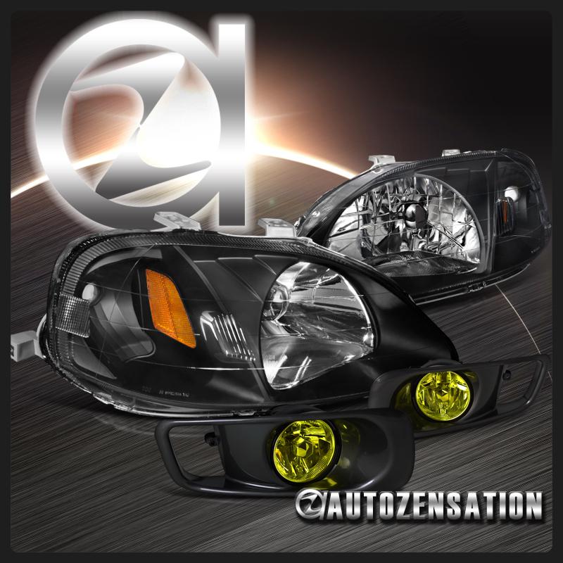 99-00 honda civic 2/3/4dr jdm crystal black headlights+yellow fog lamps