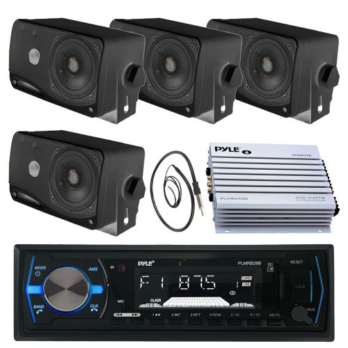 Pyle 3.5&#034; box marine speakers, plmrb29b marine aux usb radio, antenna, 400w amp