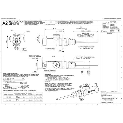 Ap racing cp9093 master cylinder - 1.0 inch bore, m8 x 1.25 pushrod thread