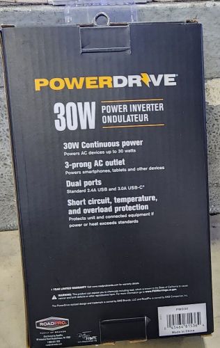 Power drive 30w power inverter with 1 ac outlets/usb/usb-c/36&#034; dc cable- #pwd30