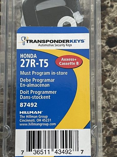 Honda transponder key blank 27r-t5 security - program in store - new uncut