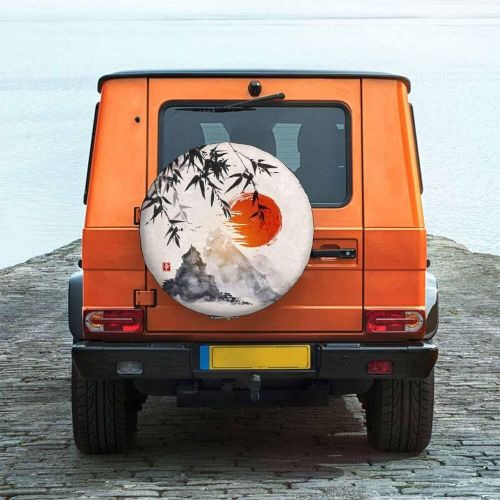 Ink painting spare tire cover japanese bamboo tree sunshine mountains wheel