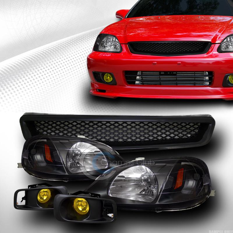 Black head lights amber dy+grill grille abs+fog lamps yellow 99-00 civic ek ek9