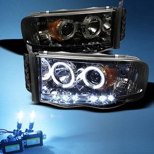 8000k slim xenon hid+ smoked 02-05 dodge ram dual halo projector led headlights