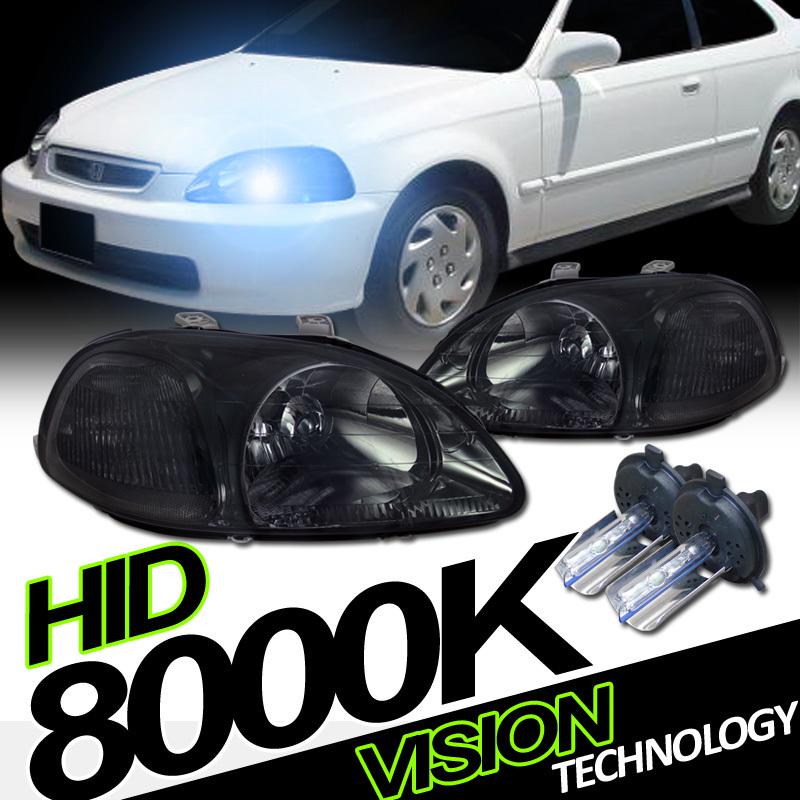 Pair 96-98 civic 2/3/4-door jdm style smoke lens crystal headlights+h4 xenon hid