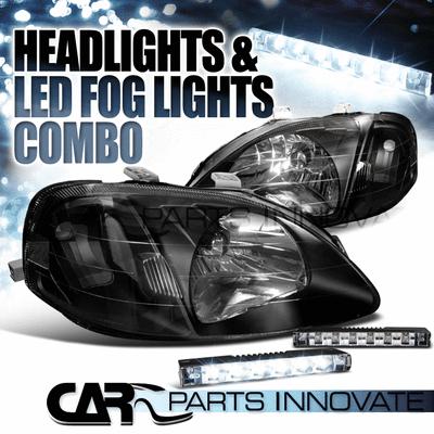 99-00 honda civic diamond black headlights+white 6-led bumper fog lamps