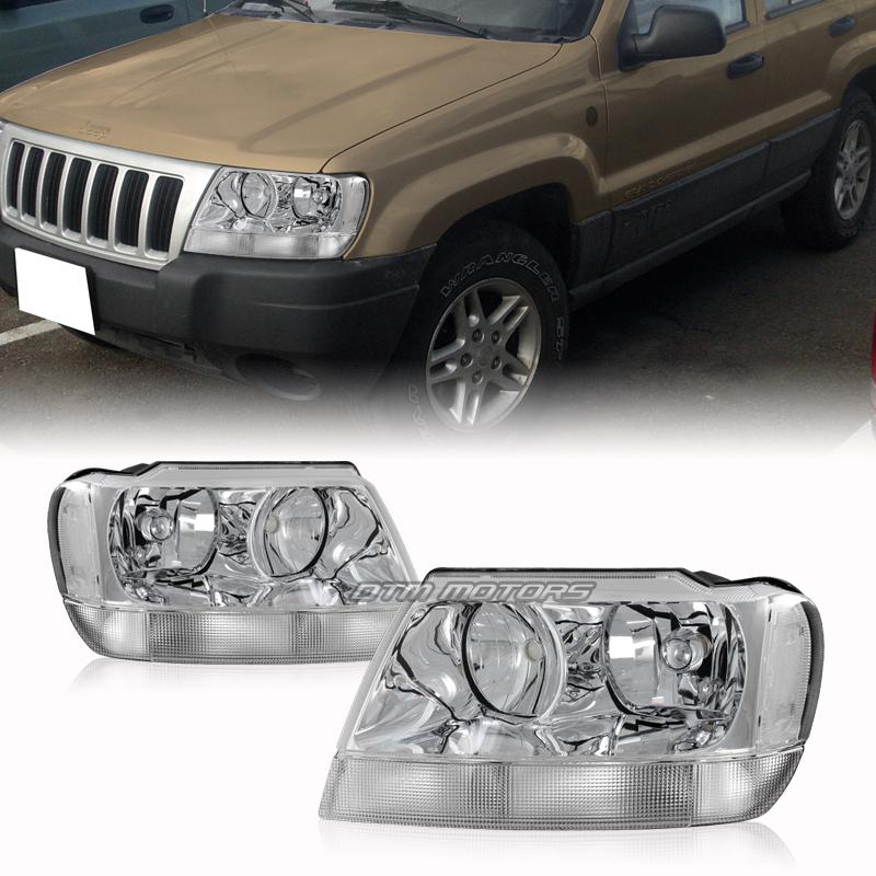 99-04 jeep grand cherokee chrome housing clear lens clear reflector headlights