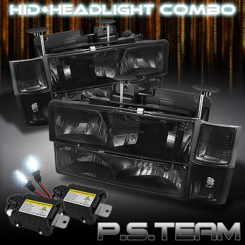 Smoked 94-98 c10 pickup tahoe suburban headlights +corner+bumper+6000k hid