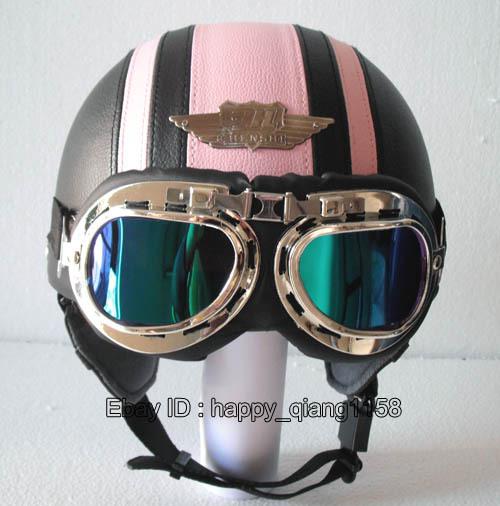 Yh-2 leather black pink stripe motorbike motorcycle helmet & uv goggles s m l xl