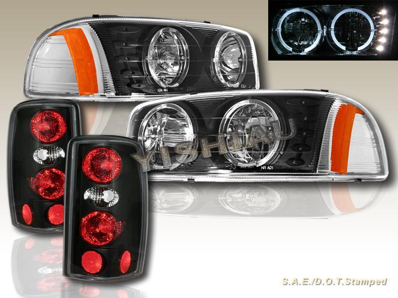 00-06 gmc yukon xl denali twin halo headlights w/ led black + black tail lights