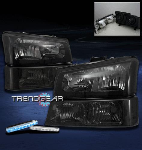 03-06 chevy silverado smoke crystal head lights+bumper+blue led drl signal 04 05