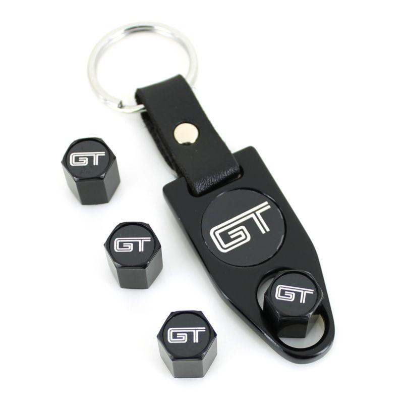 Ford mustang gt logo black tire valve caps + wrench key chain