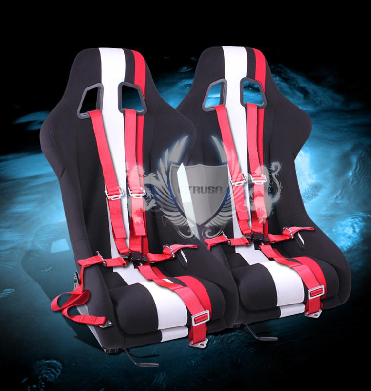 2x black/white red stripe fabric racing bucket seats + 5-pt belt camlock strap