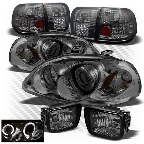 96-98 civic 4dr smoked pro headlights + led perform tail lights + fog lights set