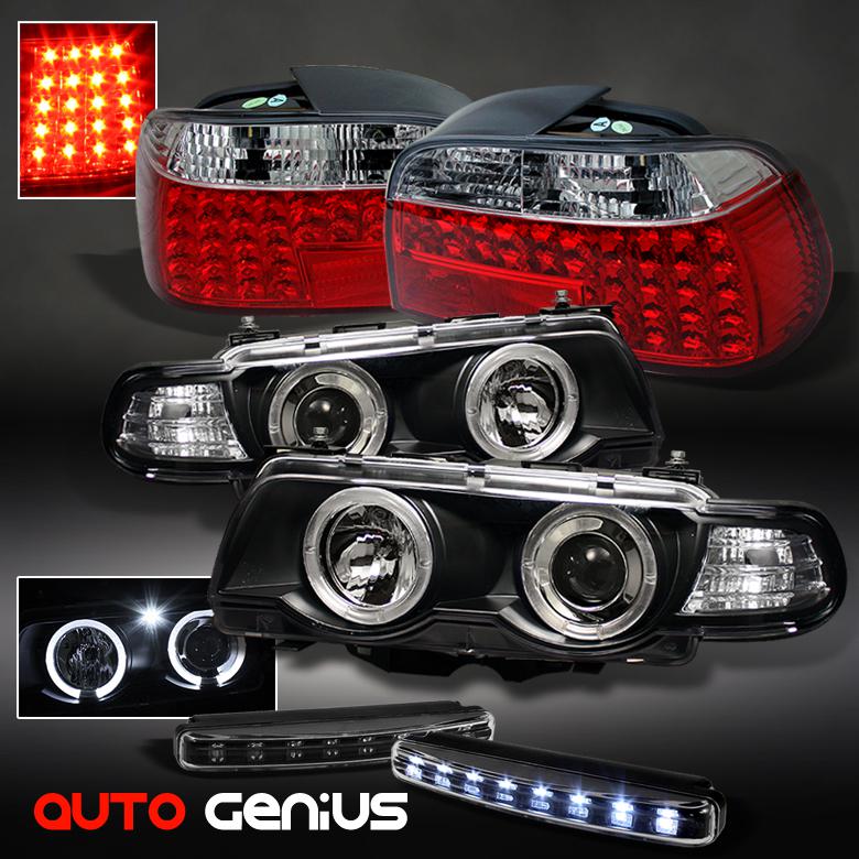 99-01 e38 7-series (hid) blk proj headlights + red clear led tail lights + drl