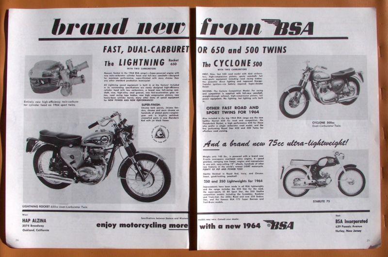 0819   1964 two page bsa motorcycles ad! features the lightning rocket + more!