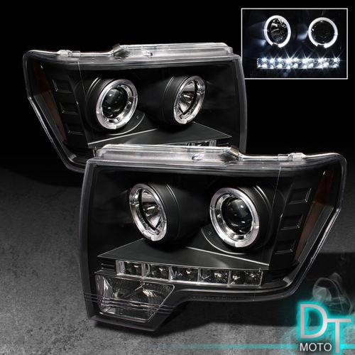 Black 09-13 ford f150 halo projector headlights w/daytime drl led running lights