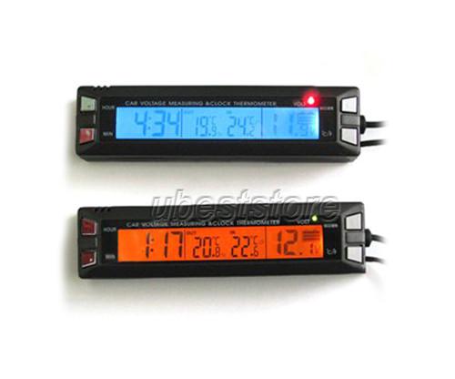 Black car auto lcd digital clock thermometer temperature voltage meter monitor