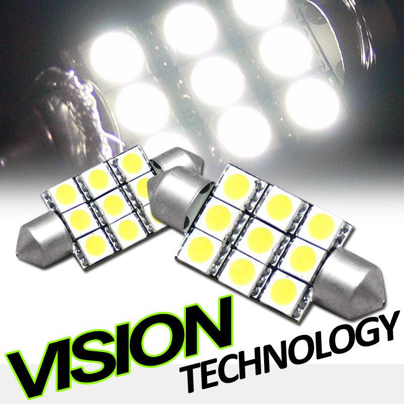 2pc white 44mm festoon 9x smd led light bulb glove box/dome/map 212 212-2 de4410