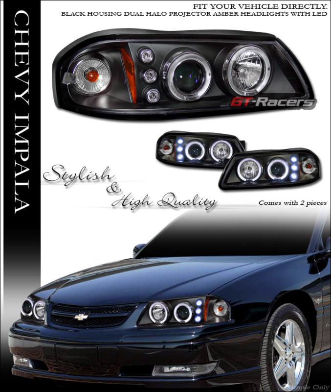 Blk drl led 2*halo rims projector head lights lamp signal 2000-2005 chevy impala