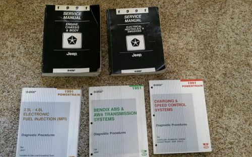 (5) 1991 jeep cherokee, wrangler, comanche, grand wagoneer service manuals