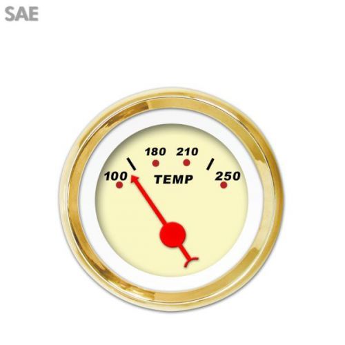 Aurora 1027 water temp gauge sae rodder tan, red needle, gold trim ring ~