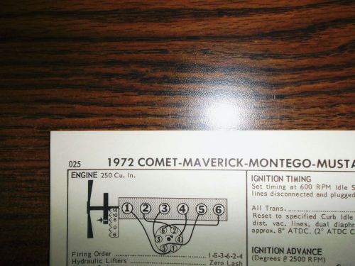 1972 mercury, ford &amp; mustang 250 ci l6 1bbl sun tune up chart great shape!