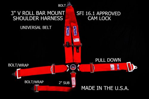 Rjs sfi 16.1 cam lock 5pt racing universal  belt v roll bar red 1029604