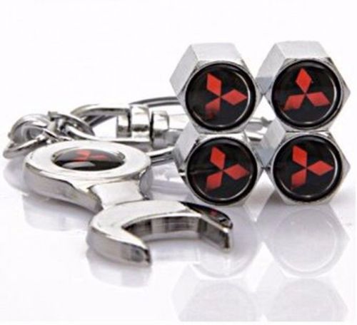 Tire stem valve caps chrome keychain set for mitsubishi  &amp; black logo
