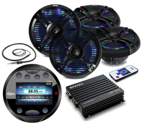 Led marine 6.5&#034; speakers/remote, amplifier, bluetooth round aux radio &amp; antenna