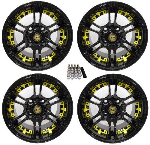 Madjax 12&#034; mirage black/yellow golf cart wheels/rims ez-go &amp; club car