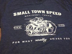 Medium black heathered small town speed, mckinney, tx motorcycle shop tee shirt