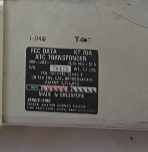 Bendix king kt 76a atc transponder 066-1034-00 14v serviceable with tray