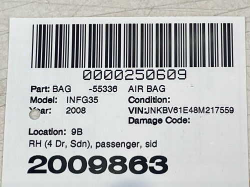 Fits 2007 2008 infiniti g35 sedan rh passenger roof curtain air bag receipt ✅