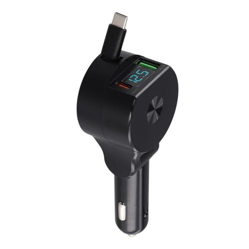 Fast charging dual usb car charger with telescopic cable and digital display