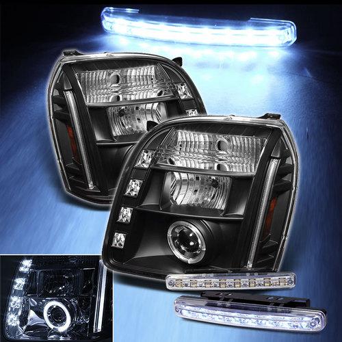 Led bumper fog+07-13 yukon dual halo led projector headlights black head lights